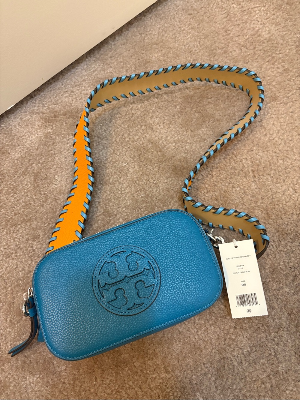BRAND NEW Tory Burch Blue Miller Mini Crossbody Bag with Orange Strap